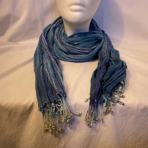 Nomadic Traders 70" x 30" Blue Green Striped Scarf Head Wrap Beaded Fringe - Picture 2 of 8